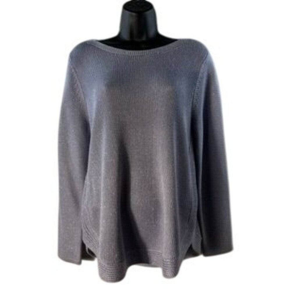 Chicos Metallic Knit Sweater Womens Size 2 Silver Acrylic Blend Long Sleeve Casu